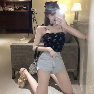 Spaghetti Strap Butterfly Print Top / Denim Hot Pants