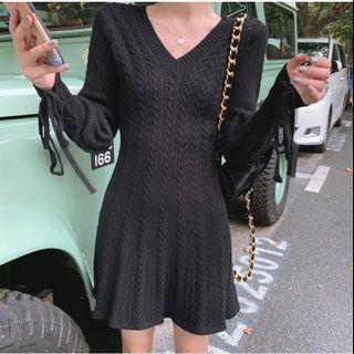 V-neck Cable Knit A-line Dress