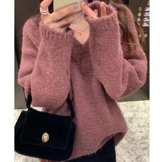 Long Sleeve V Neck Plain Fleece Sweater