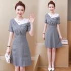 Short-sleeve Asymmetric Checker A-line Dress