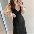 Set: Puff-sleeve Blouse + V-neck Mermaid Midi Dress