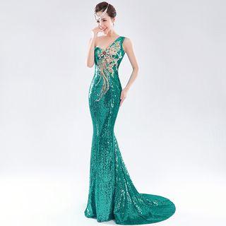 Sequined One Shoulder Evening Gown With Train
