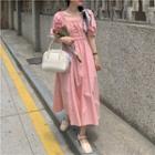 Short-sleeve Square-neck Midi A-line Dress Pink - One Size