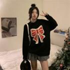 Beaded Bow Print Sweater Black - One Size
