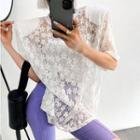 Short-sleeve Padded-shoulder Lace Top
