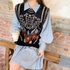 Puff-sleeve Shirtdress / Floral Print Knit Sweater Vest