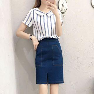 Set: Pinstripe Short-sleeve Blouse + Denim Skirt