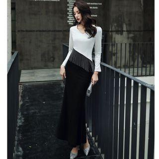 Two-tone Long-sleeve Maxi Sheath Dress