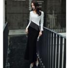 Two-tone Long-sleeve Maxi Sheath Dress