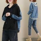 Denim Panel Hooded Sweatshirt