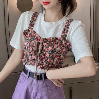 Set: Short-sleeve T-shirt + Sleeveless Floral Top