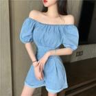 Off-shoulder Puff-sleeve Denim Playsuit