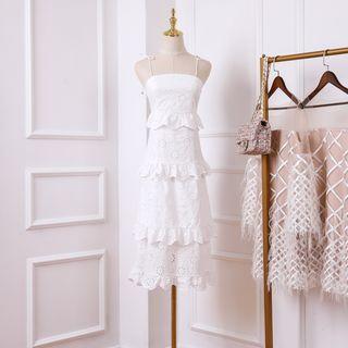 Spaghetti Strap Perforated Ruffled Midi Dress