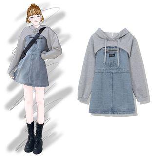 Cropped Hoodie / Spaghetti Strap A-line Denim Dress