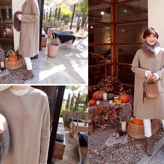 Round-neck Slit-hem Wool Blend Coat