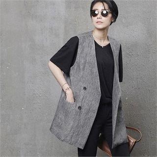 Collarless Double-breasted Linen Vest