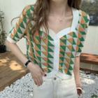 Square-neck Plaid Short-sleeve Cardigan
