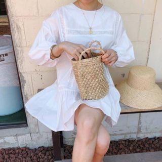 Pointelle Long-sleeve A-line Dress White - One Size