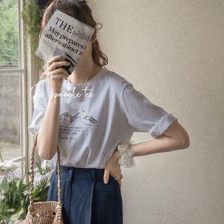 Elbow-sleeve Sequin Letter Print T-shirt Ivory - One Size