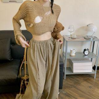 Cutout Knit Crop Top / High Waist Wide Leg Pants