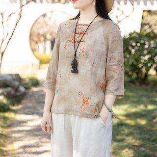 Elbow-sleeve Floral Print Blouse / Wide Leg Pants