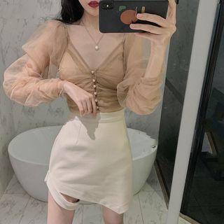 Mesh Panel Blouse / Asymmetric Hem Mini Skirt