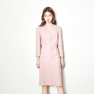 Button-detail Smocked-waist Midi Dress