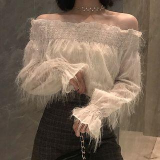 Off-shoulder Long-sleeve Fringed Top