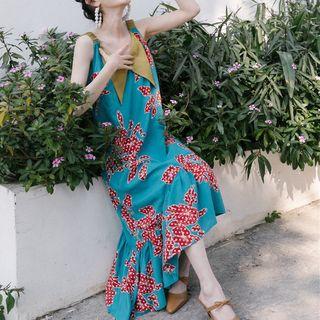 Sleeveless Asymmetric Frill Trim Floral Midi Dress