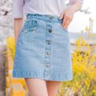 Flower-embroidered Buttoned Denim Mini Skirt