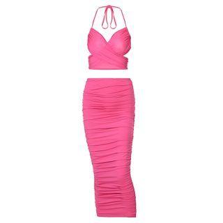 Set: Plain Halter-neck Open-back Cropped Top + High-waist Sheath Midi Skirt