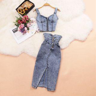 Set: Cropped Denim Camisole Top + Midi Pencil Skirt