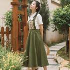 Tie-neck Short-sleeve Blouse / Flower Print Midi Jumper Dress / Set