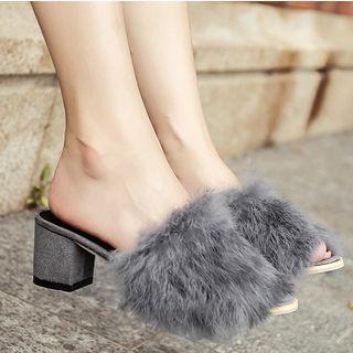 Furry Slide Block Heel Sandals