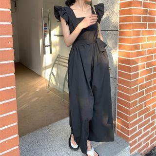 Sleeveless Ruffle-trim Plain Jumper Pants