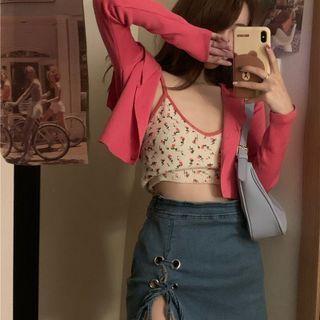 Floral Print Camisole Top / Cardigan / Denim Skirt