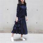 Frilled Long Pullover Dress Navy Blue - One Size