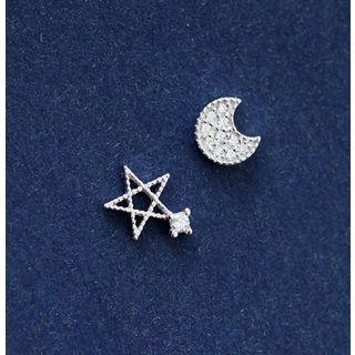925 Sterling Silver Rhinestone Moon & Star Earring 1 Pair - Silver - One Size