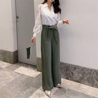 Set: Embroidered Blouse + Wide-leg Pants