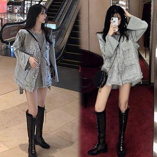 Plain Long-sleeve T-shirt / Tweed Vest