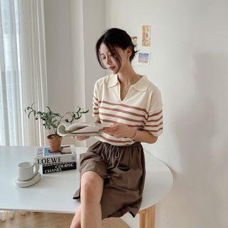 Buttonless Stripe Knit Polo Shirt