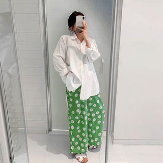 Drawstring-waist Wide-leg Floral Pants