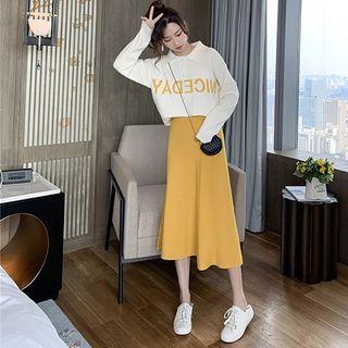 Set: Lettering Collared Sweater + Midi A-line Skirt