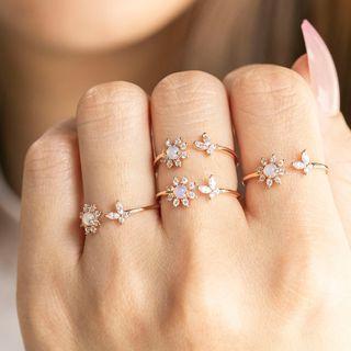Flower & Butterfly Rhinestone Alloy Open Ring