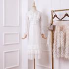 Set: Lace Trim Midi Accordion Pleat Layered Dress + Slipdress