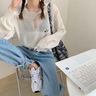 Distressed Long-sleeve Cropped Knit Top