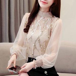 Long-sleeve Sequined Chiffon Top