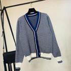Contrast-trim Patterned Cardigan Blue - One Size