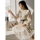 Inset Vest Long Layered Lace Dress With Belt Ivory - One Size