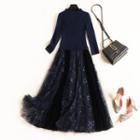 Long-sleeve Embroidered Mesh Overlay Maxi A-line Dress